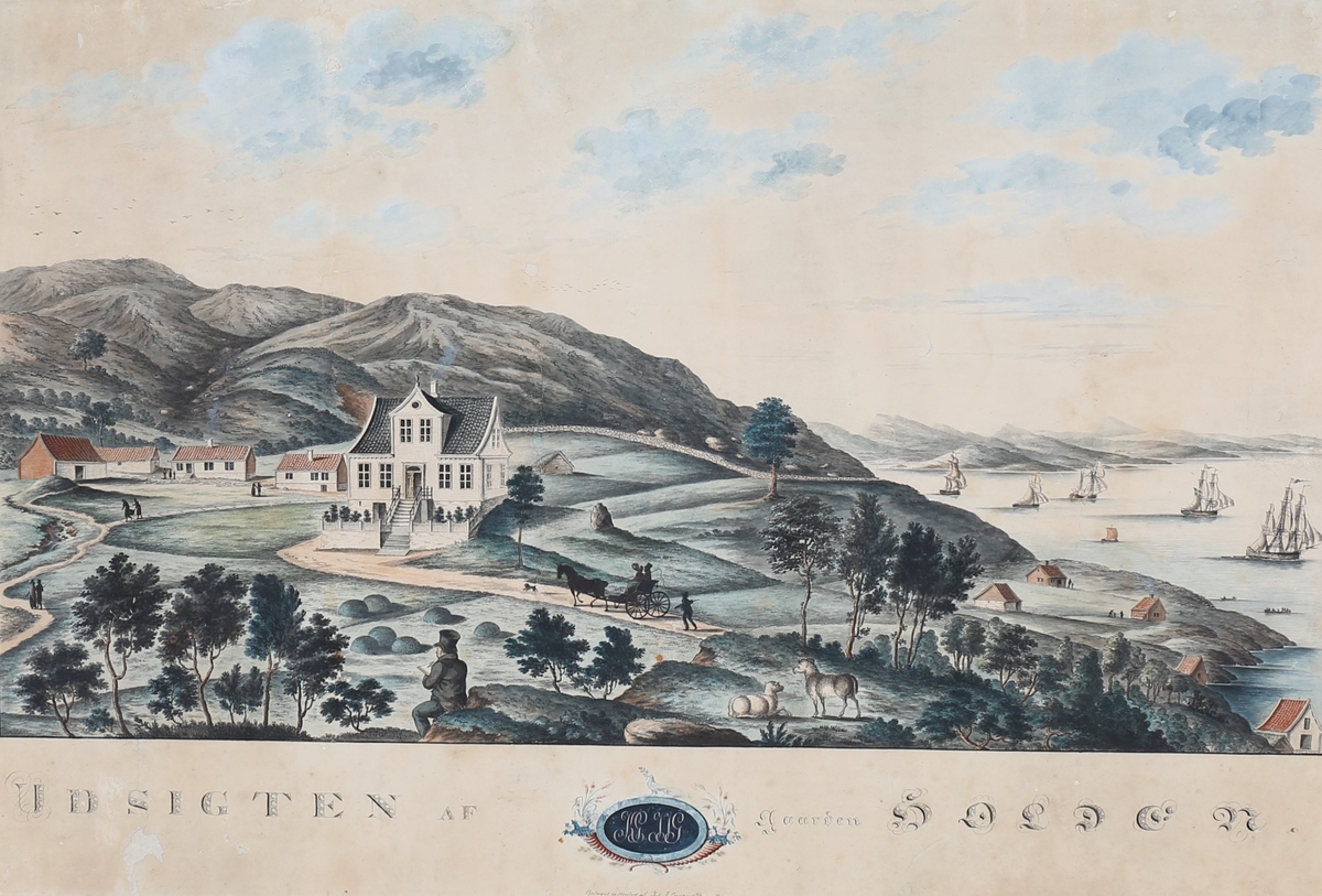 Holen gård på Laksevåg med landskap rundt i 1823