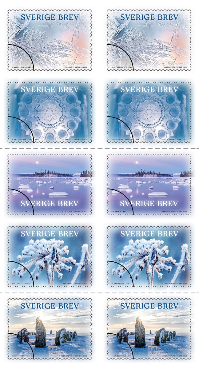 Tio frimärken i häfte med fem olika motiv från utgivningen "Vintermagi" med valör 13 kr.