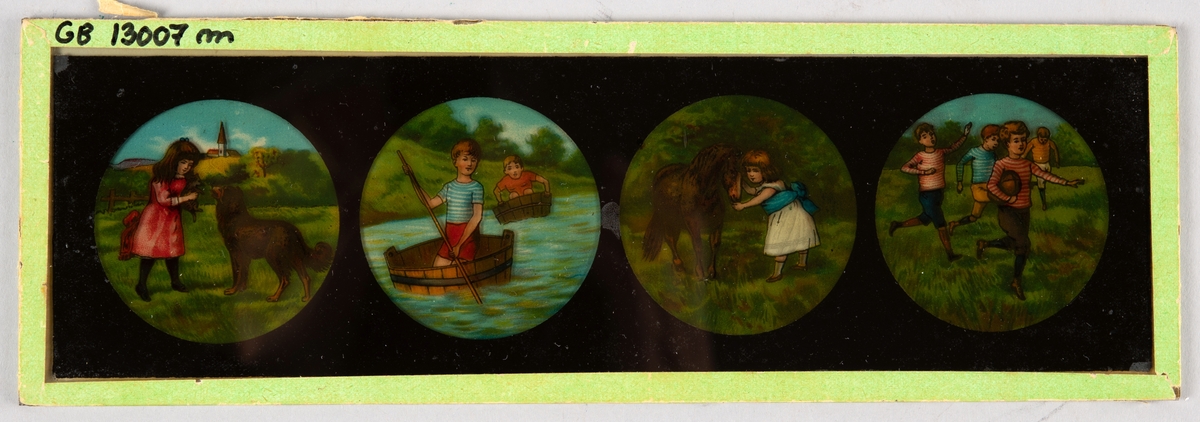 Serie med 4 bilder viser pike med hund, 2 gutter seiler i trestamper, pike med hest, og gutter spiller ball.