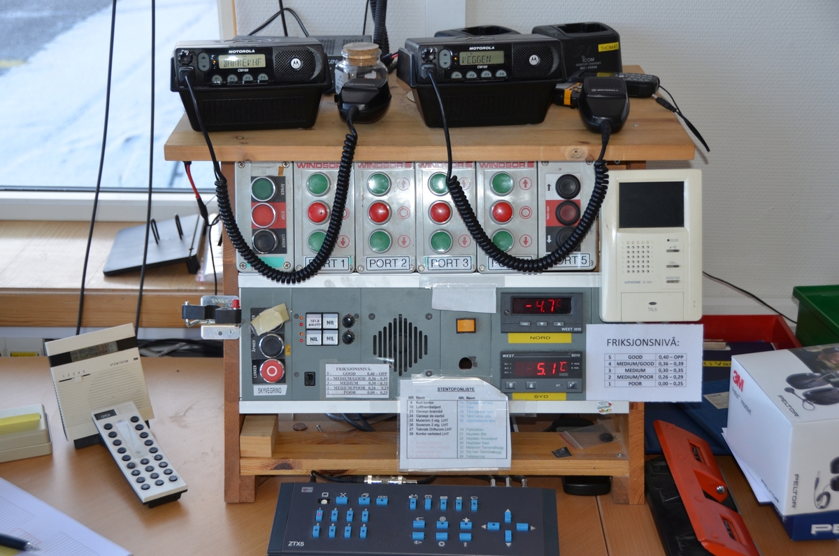 Kommunikasjonsutstyr og portåpnerpanel til lufthavnvakta på Narvik flyplass.