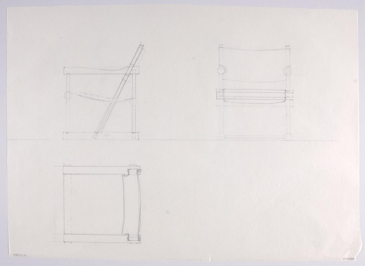 Skisser i skala 1:5 till en möbelserie, i vilken ingår mat- och arbetsbord, soffbord, bordsbockar, (vissa är ihopfällbara), stolar, fåtöljer och soffor. Även detaljritningar. Noteringar. Måttangivelser.