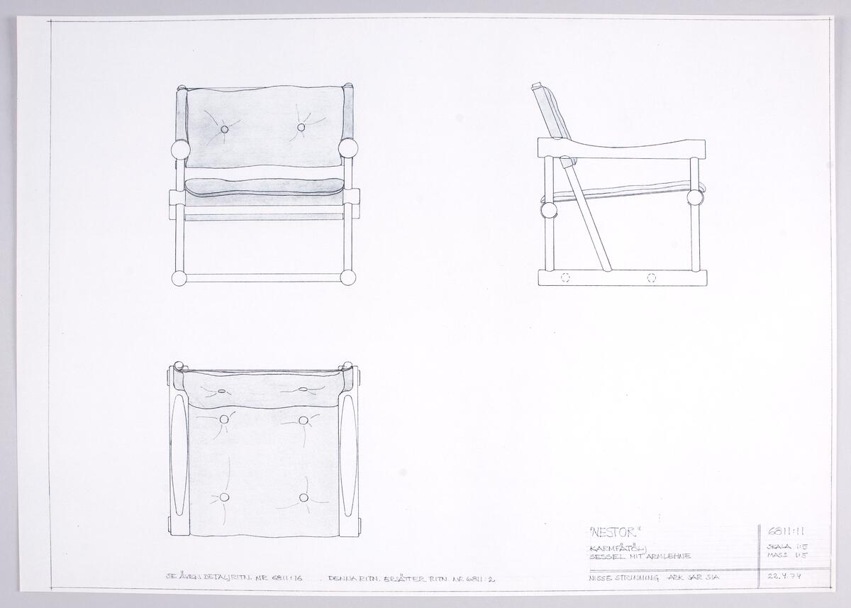 Skisser i skala 1:5 till en möbelserie, i vilken ingår mat- och arbetsbord, soffbord, bordsbockar, (vissa är ihopfällbara), stolar, fåtöljer och soffor. Även detaljritningar. Noteringar. Måttangivelser.
