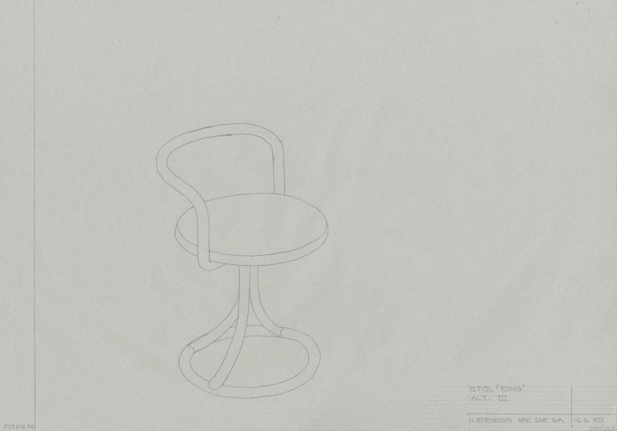 Skisser till fem olika varianter av en stol samt ett runt bord i samma serie. Noteringar.
