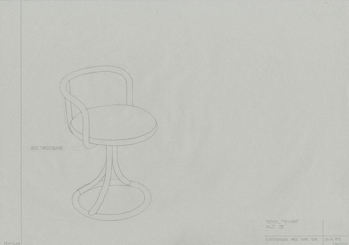 Skisser till fem olika varianter av en stol samt ett runt bord i samma serie. Noteringar.