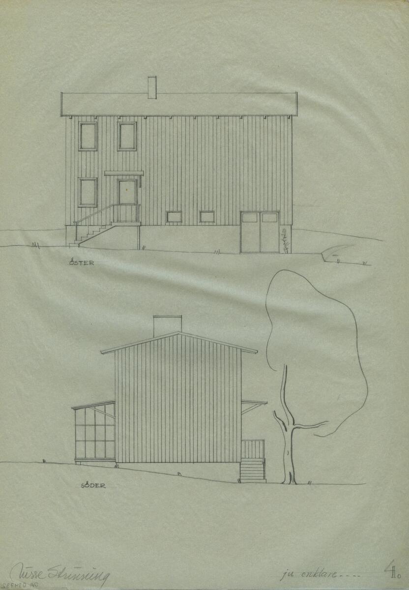 Planritningar över en treplansvilla, samt skisser av villans fasad från olika väderstreck.Noteringar.