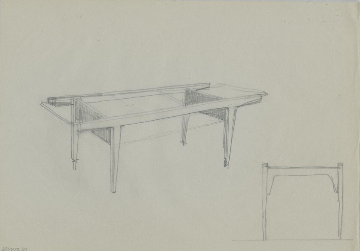 Skisser och idéskisser till rektangulära bord i varierande utföranden som visas ur olika perspektiv.