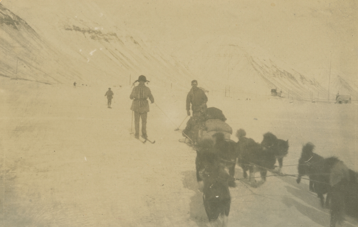 Spetsbergen övriga bilder. Motiv av män med hundspann vid Sveagruvan, 1918.