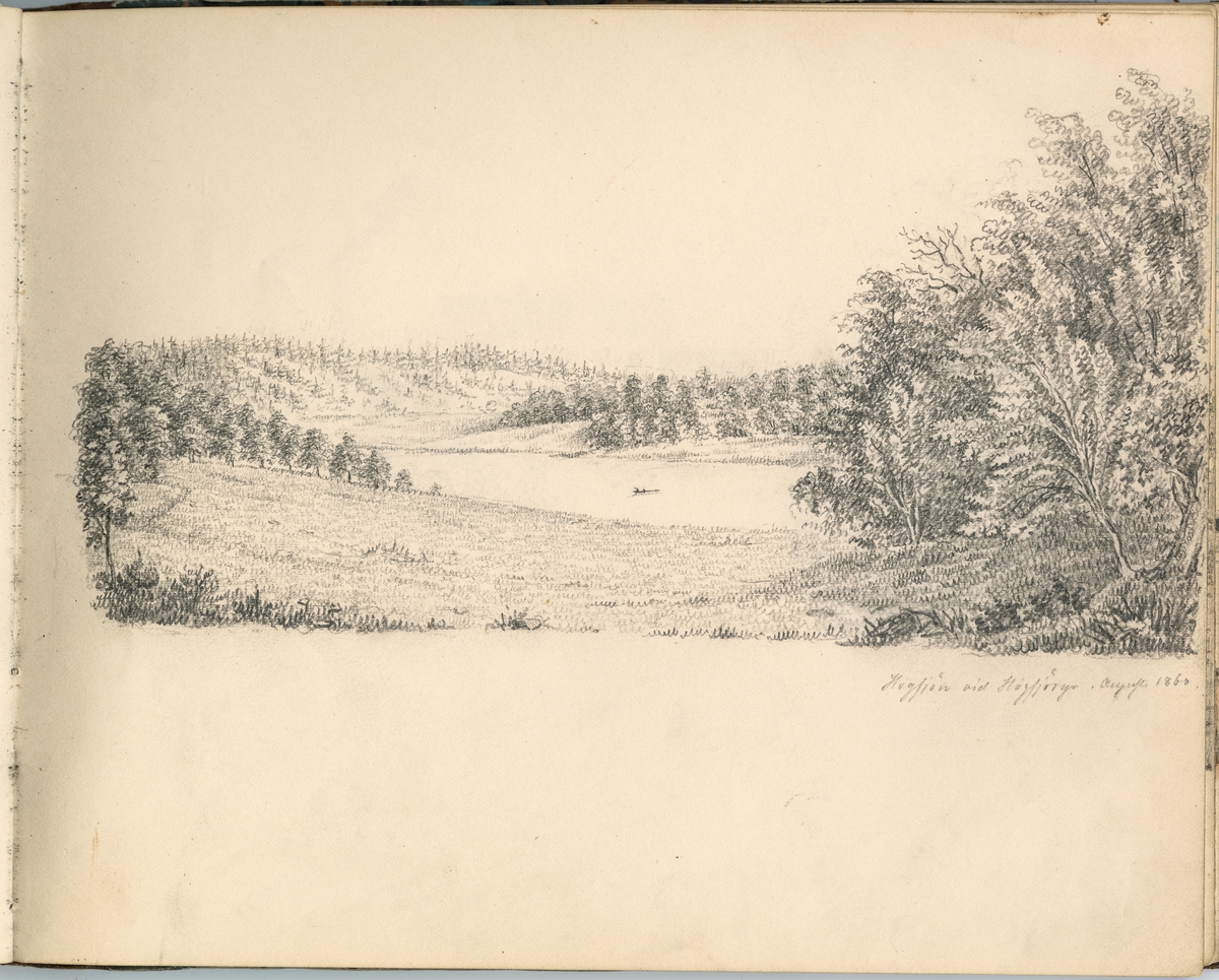 Blyertsteckning: Häggsjön vid Häggsjöryr Aug 1860

Ur ett halvfranskt band med blyertsteckningar och akvareller.