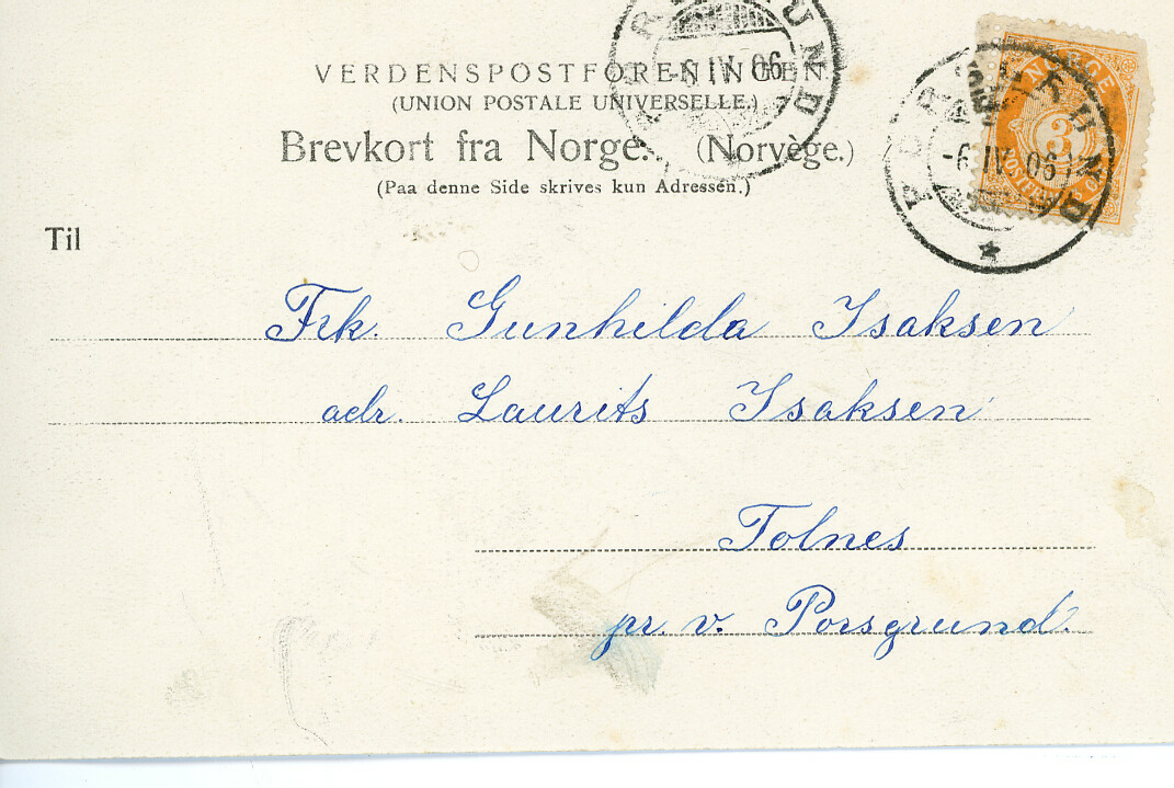 Verdenspostforeningens Brevkort 1906.  Med motiv frå Porsgrunn.
