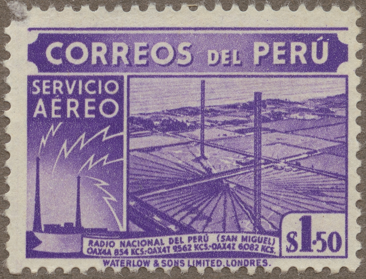 Frimärke ur Gösta Bodmans filatelistiska motivsamling, påbörjad 1950. Frimärke från Peru, 1938. Motiv av Radiomaster i Peru.