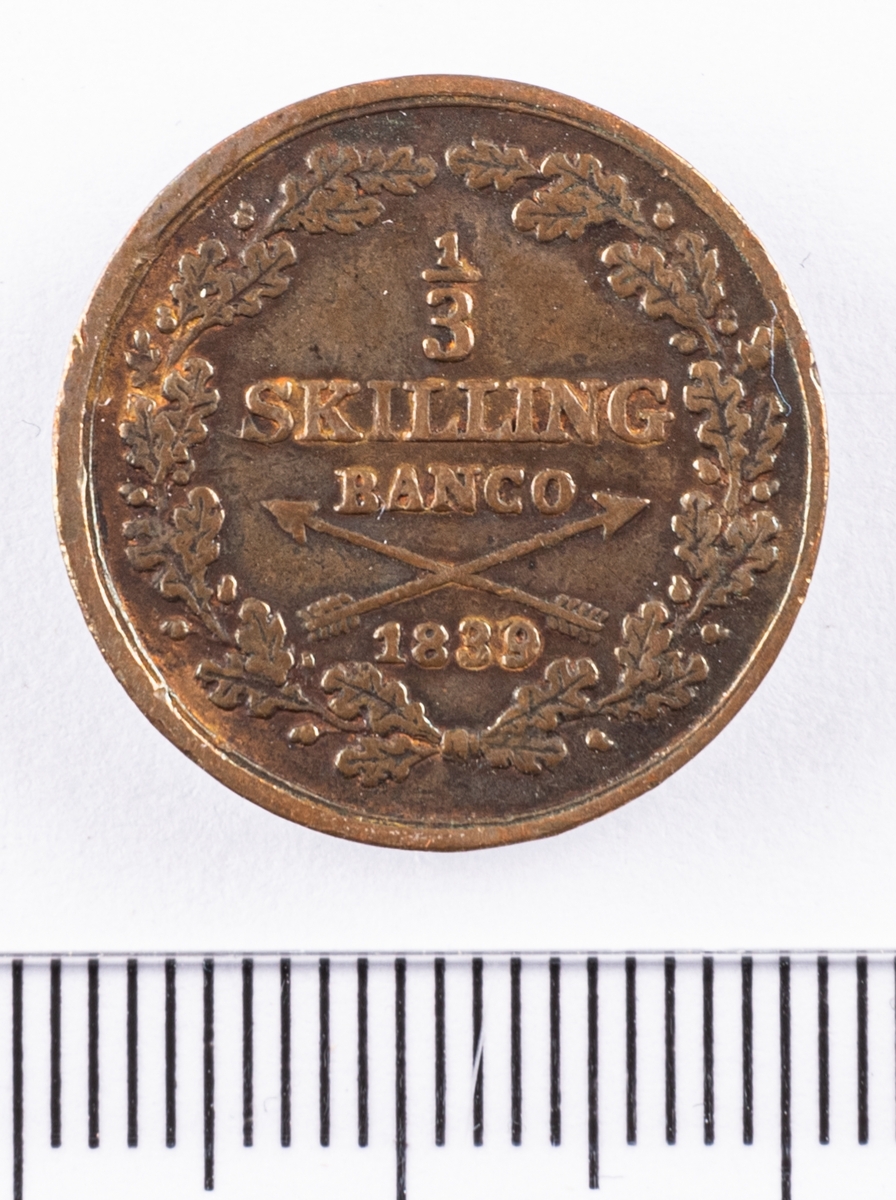 Mynt, Sverige, 1/3 skilling banco, 1839.