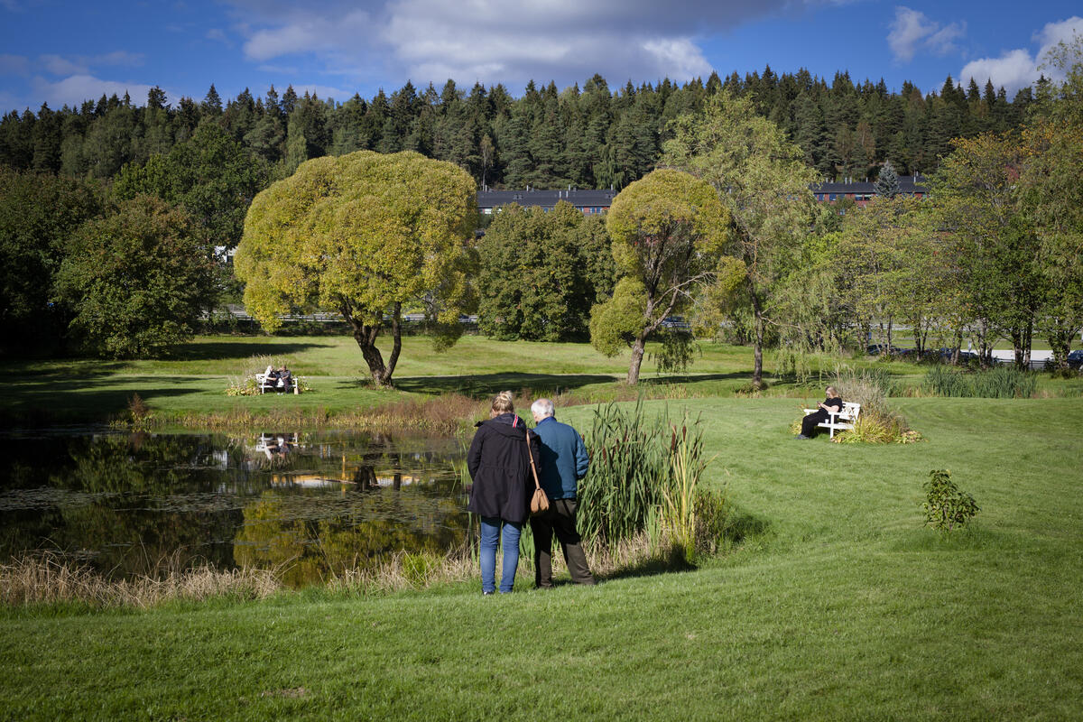 Foto av mennesker i hageanlegget på Linderud gård om sommeren. Trær, dam omgitt av planter og blå himmel.