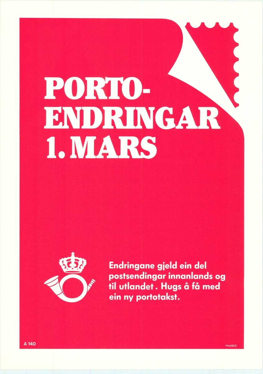 Hvit skrift på rød bunn. Postlogo. Tosidig plakat med tekst på bokmål og nynorsk.