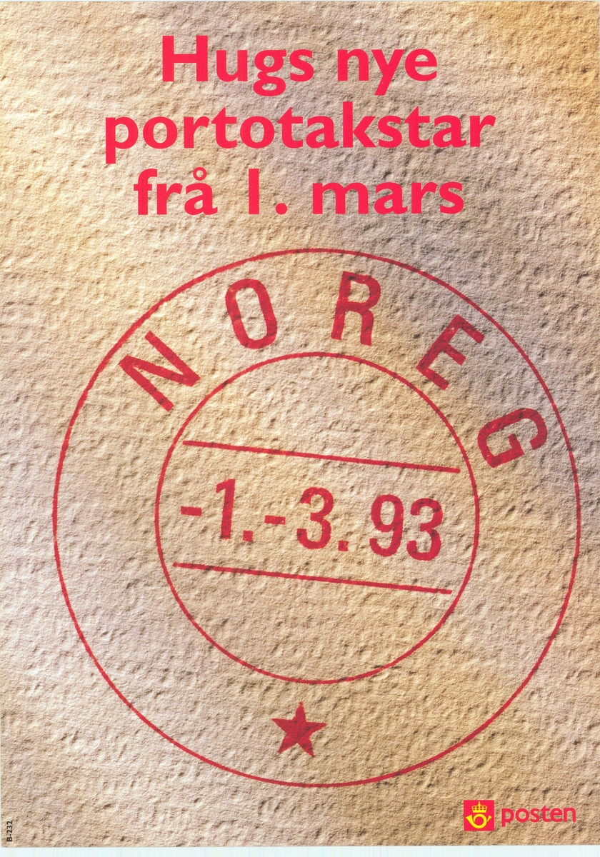 Tosidig plakat med tekst på bokmål og nynorsk. Postlogo. Rød skrift på brun/grå bunn.