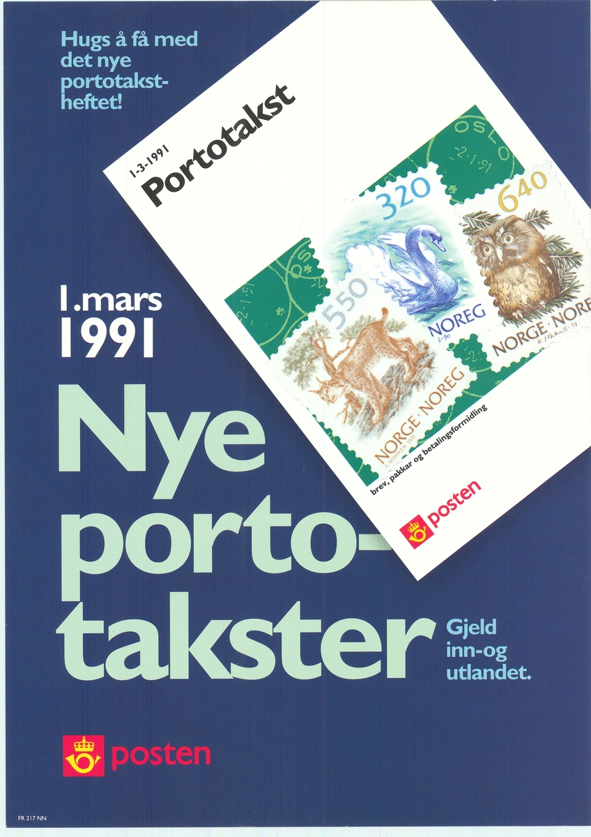 Tosidig plakat med tekst på bokmål og nynorsk. Postlogo. Hvit skrift på blå bunnfarge.
