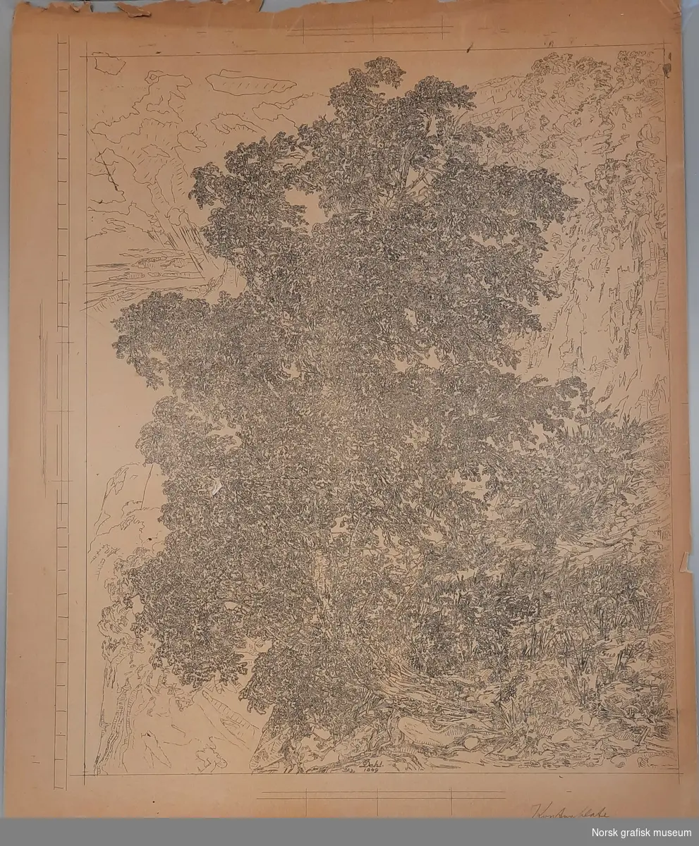 Trykkark merket "Kontemplate", håndskrevet med blyant. Forarbeid til litografisk reproduksjon av I. C. Dahls maleri "Birk i storm" (eller "Bjerk i storm") fra 1849, utført med femten ulike trykkfarger og med en litografisk stein per farge.