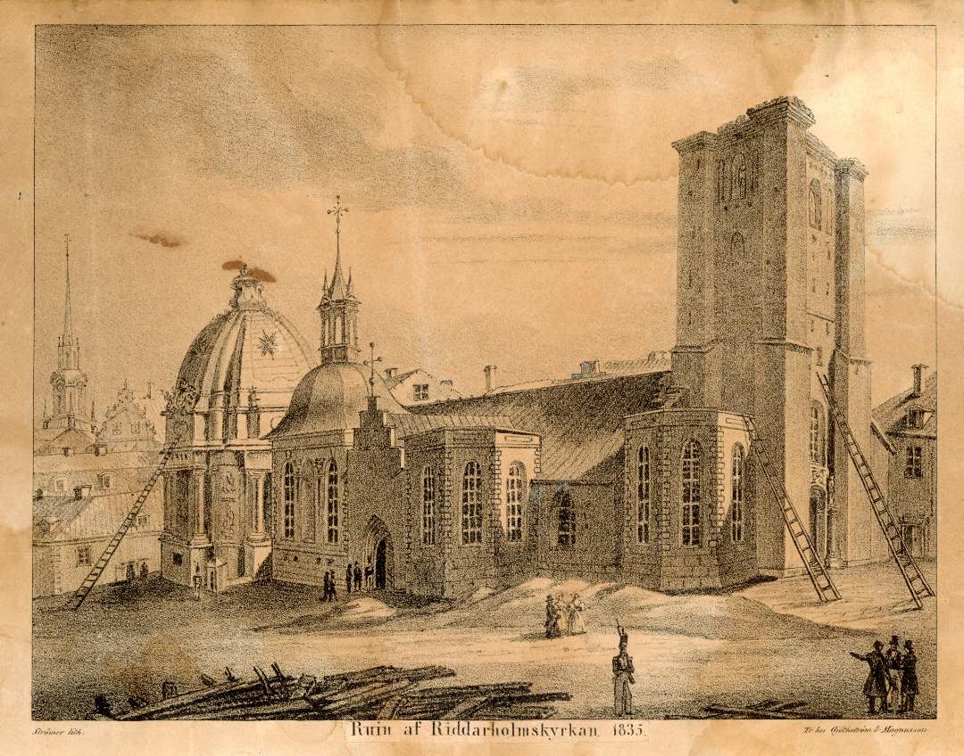 Ruinen av Riddarholmskyrkan i Stockholm, 1835.