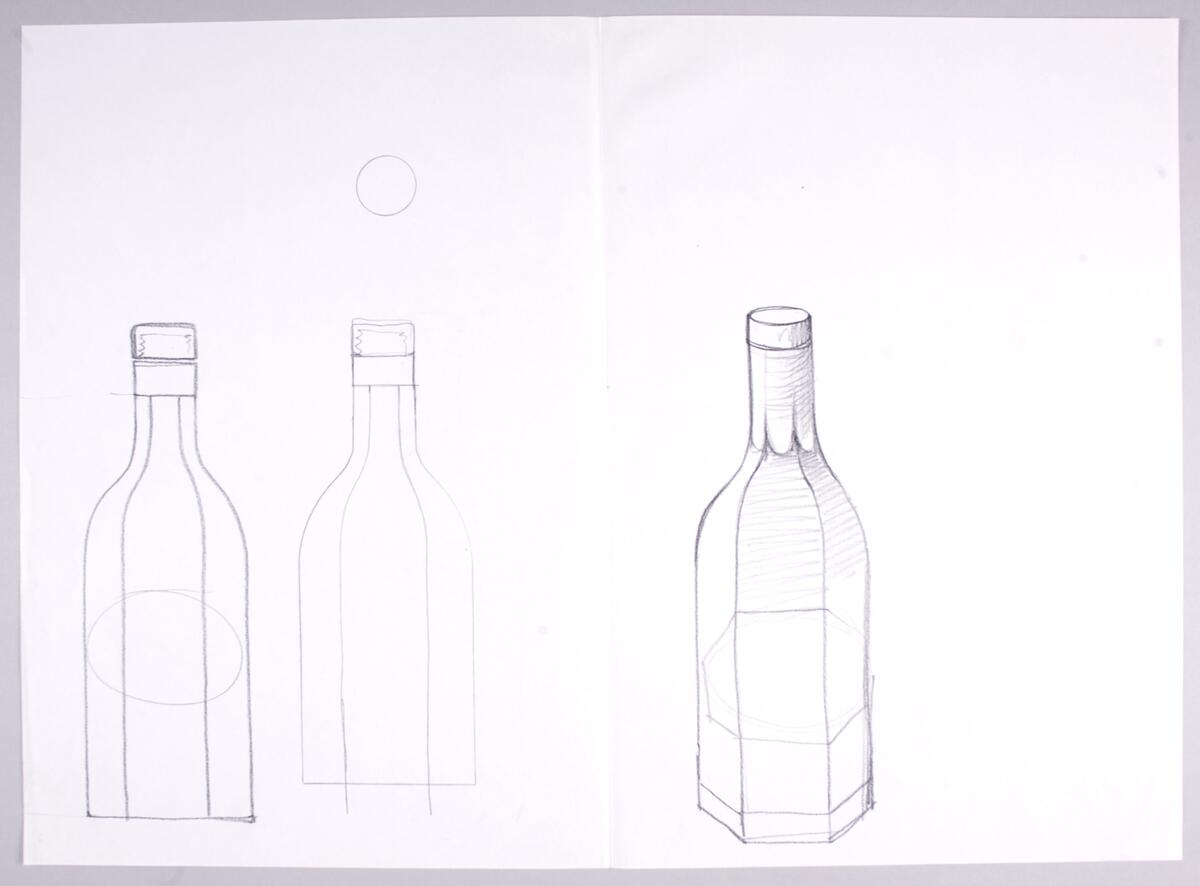 Idéskisser till ett antal sex- och åttakantiga flaskor i olika storlekar. Noteringar. Även referensmaterial angående tillverkning av grafitformar m m.