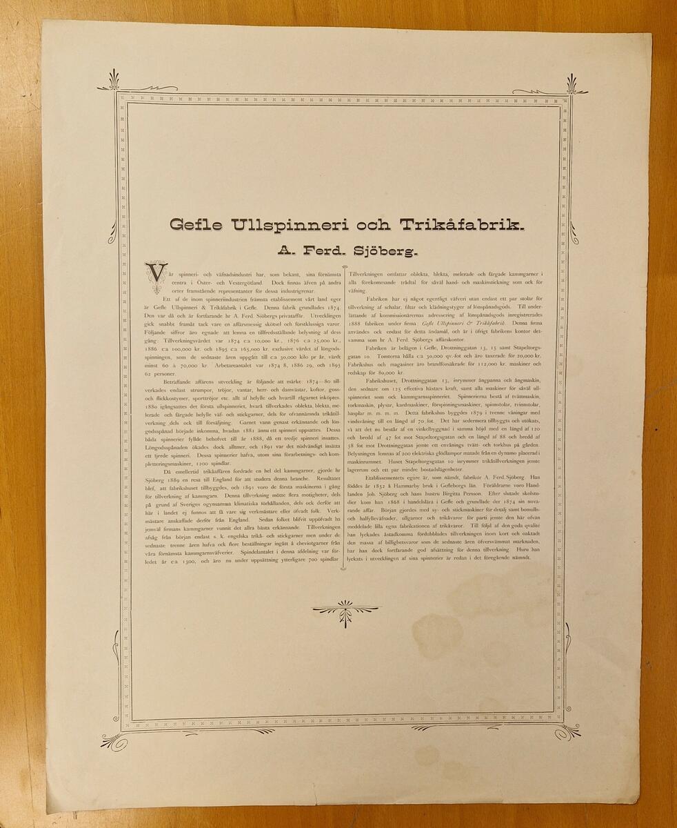 Tjugo sidor korta texter om olika företag.

1. Wennberg & Ramstedts ångqvarnsaktiebolag.
2. Dito.
3. Ludwigsbergs Verkstads Aktiebolag.
4. Gefle ullspinneri och Trikåfabrik, A. Ferd. Sjöberg.
5. Fagersta Bruk.
6. Stora Varfvet.
7. Berglunds Mekaniska Verkstad.
8. Aktiebolaget Iggesunds Bruk (2 sidor).
9. Höganäs Stenkolsbolag. På baksidan: Varpnäs Förlags Aktie Bolag Söderhamn.
10. Höganäs Stenkolsbolag.
11. J.O Öberg & Son, Eskilstuna.
12. Aktiebolaget Barnängens Tekniska Fabrik.
13. Lindholmens verkstads Aktiebolag Göteborg.
14. Ytterstfors Trävaru - Aktiebolag.
15. Berglunds Mekaniska Verkstad.
16. Roma sockerbruk.
17. A. L Helleberg & Son.
18. Roma Sockerbruk.
19. Nya Aktiebolaget Atlas.
20. Aktiebolaget Finspongs Styckebruk.