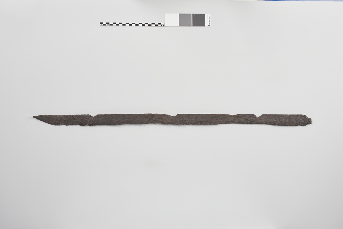 Enegget Sverd af Jern fra yngre Jernalder uden Hjalt, usædvanlig langt da Klingen maaler ikke mindre end 84 cm., men smalt (3.5 cm. bredt); Odden ualmindelig spids.