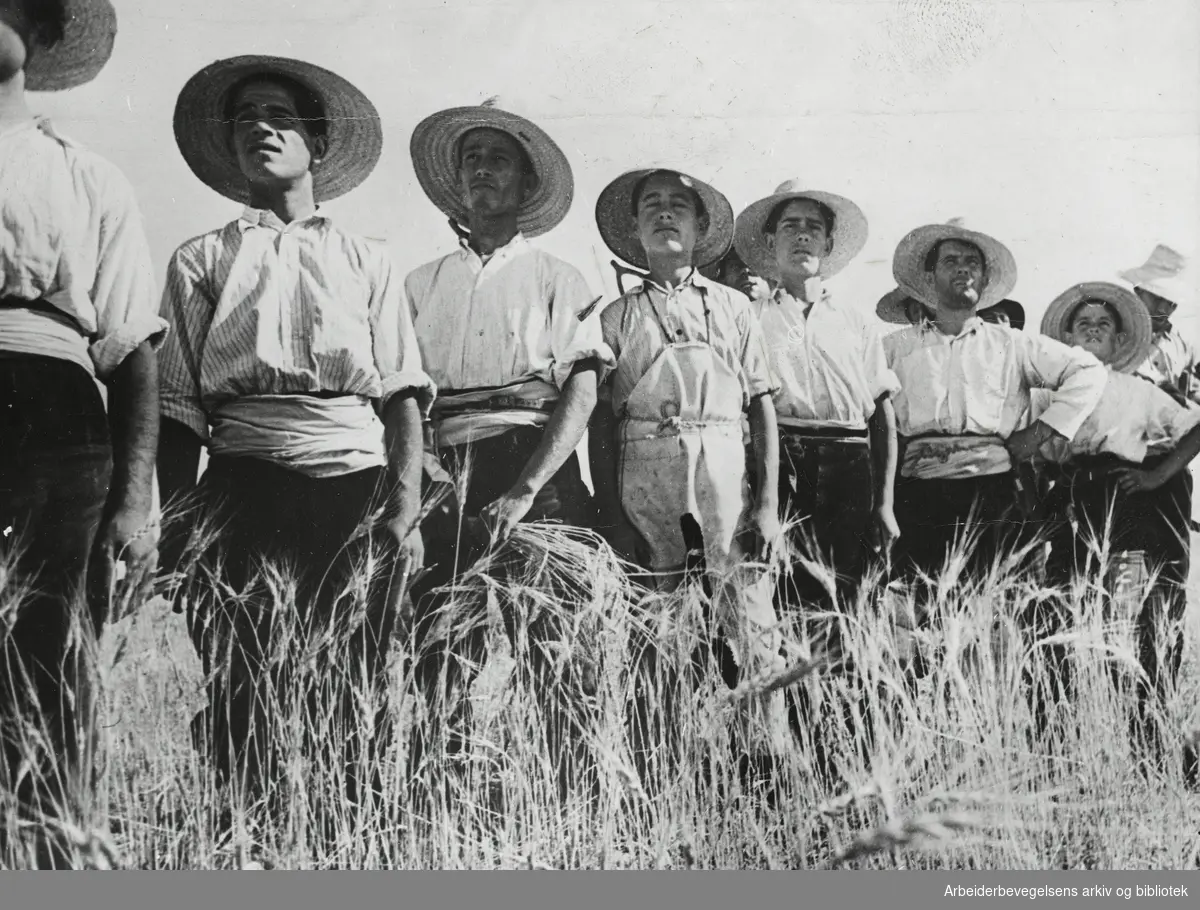 Borgerkriigen i Spania. Arbeidere ved et jordbrukskollektiv. Ukjent lokasjon. Udatert. 1937. Arbeidermagasinet/Magasinet for Alle