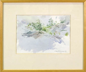 Enl. Liggaren: "Akvarell, landskap med klippor och träd. h 420, br. 500"