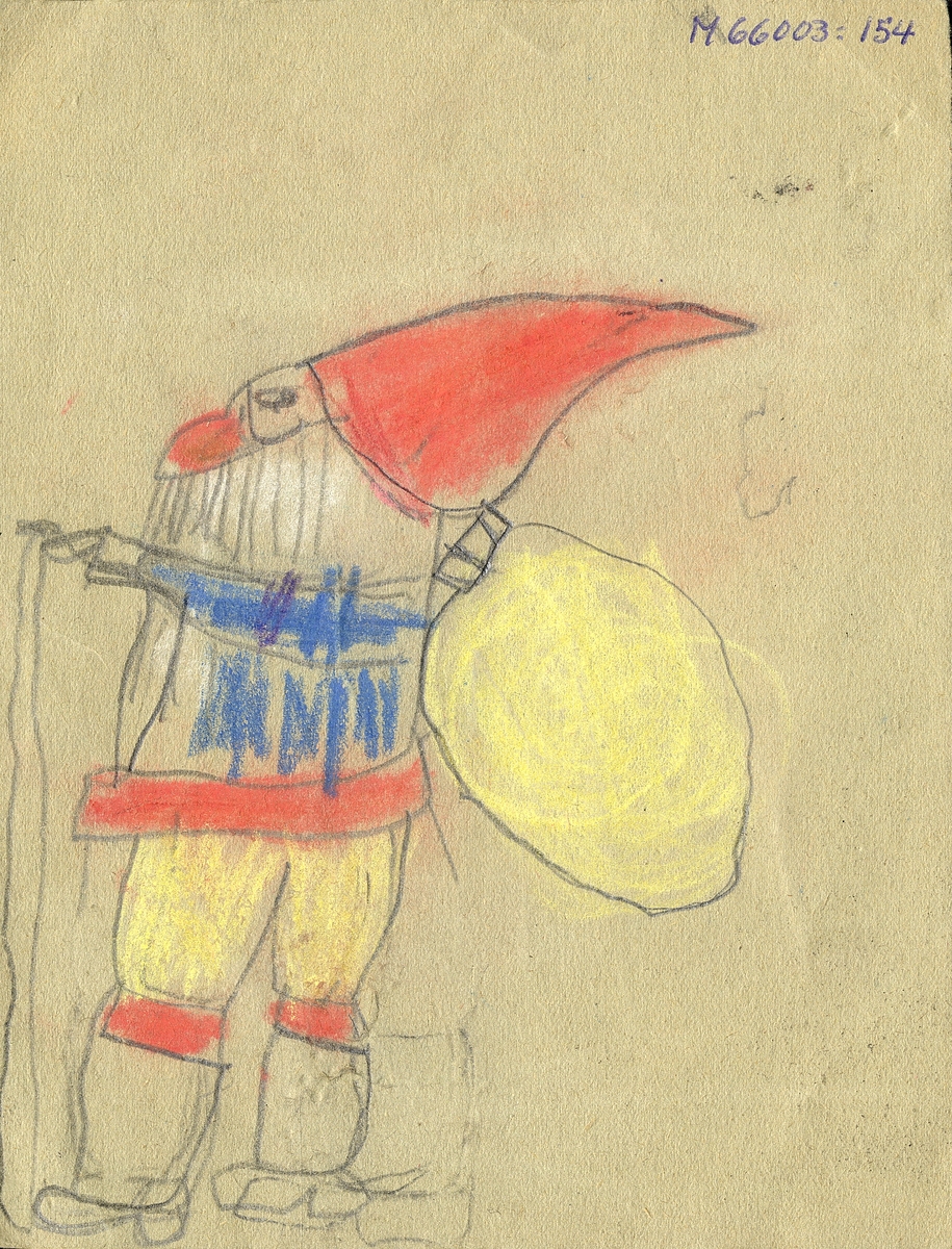 En jultomte med gula knäbyxor, blå tröja och röd mössa, med käpp och säck på ryggen. På baksidan ytterligare en färglagd
tomte.