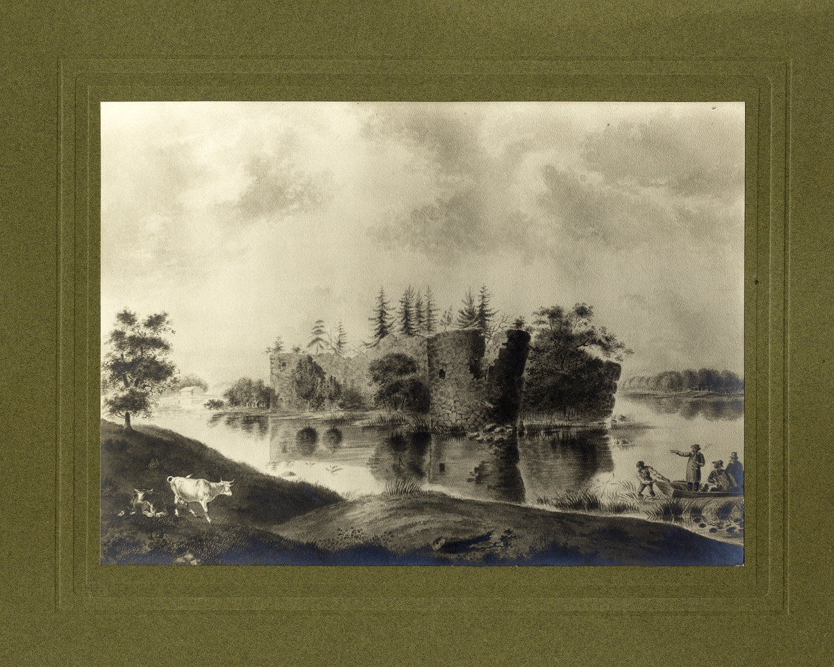 Kronobergs slottsruin. Till höger syns några män på en eka vid stranden. 
Avfotograferad oljemålning från ca 1850.