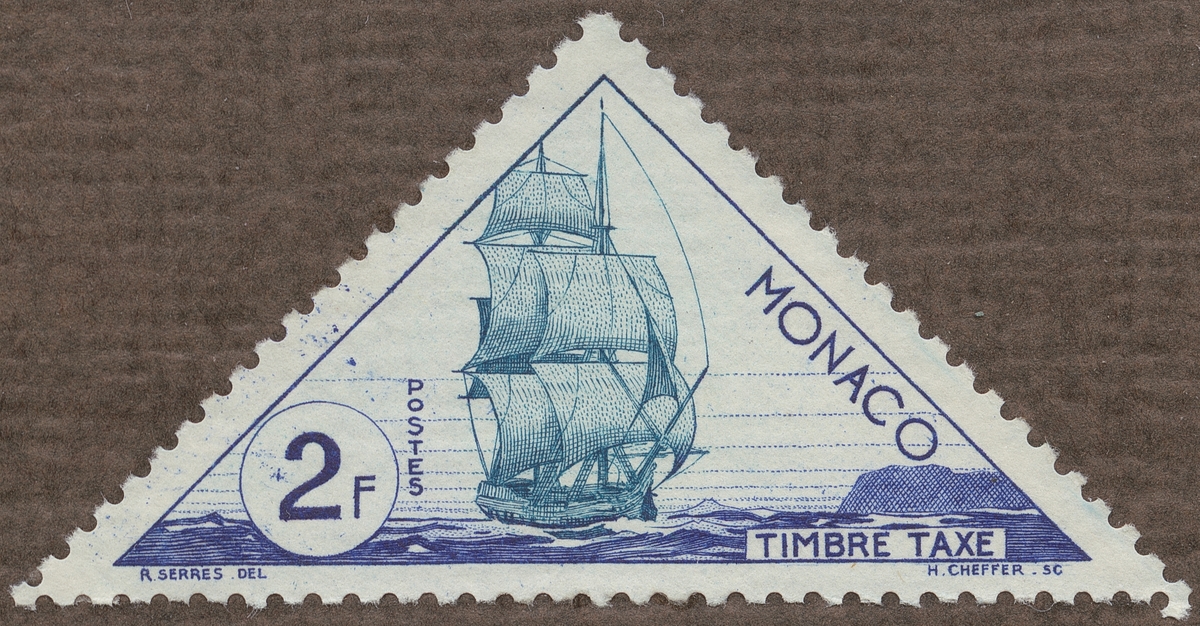 Frimärke ur Gösta Bodmans filatelistiska motivsamling, påbörjad 1950.
Frimärke från Monaco, 1953. Motiv av Segelfartyg- Bark