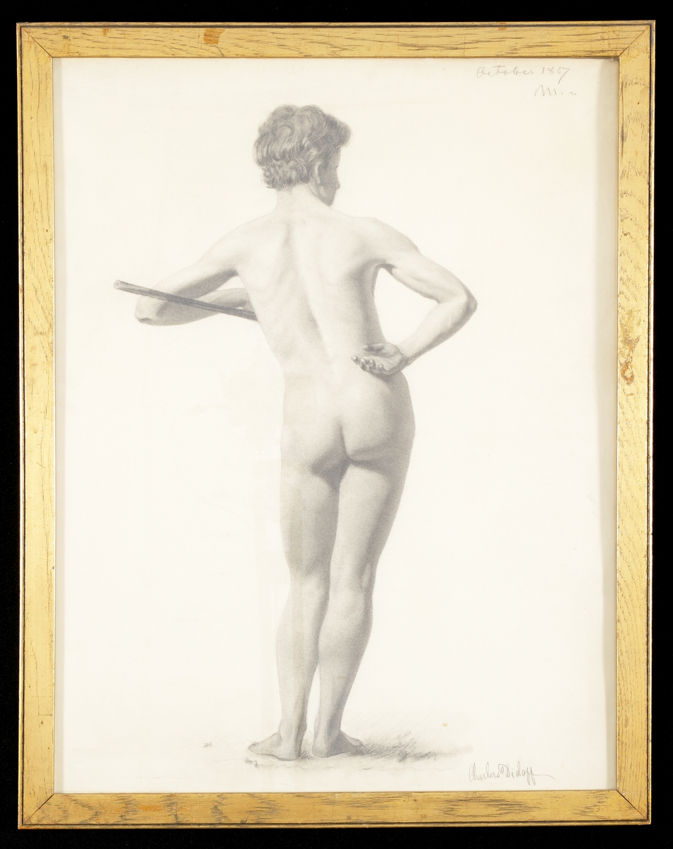 Kolteckning (studie) av naken man, sedd bakifrån. Helfigur.