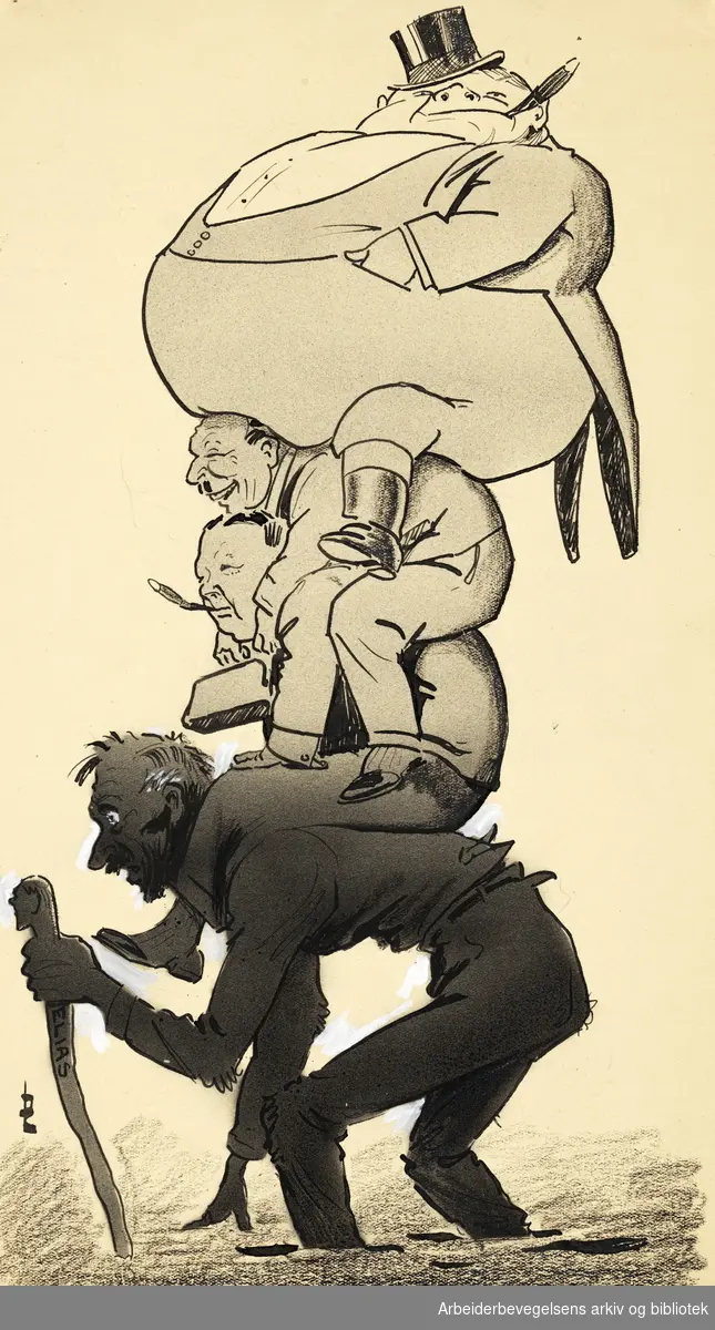 Tegning av Jan Lunde. Tre menn som sitter på ryggen til en mann med stokk hvor det står Elias. Udatert.