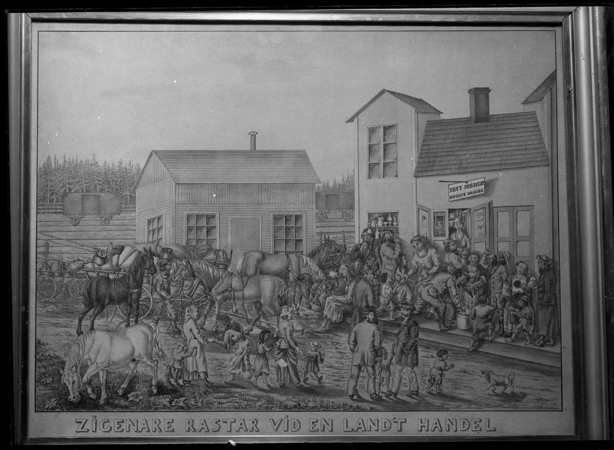 Tavla föreställande rastande romer vid en lanthandel, 1880-tal.