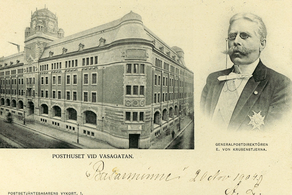Centralposthuset, Vasagatan 28 - 34, Stockholm.
Samt generaldirektör Krusenstierna.