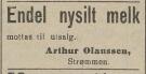 Nysilt melk mottas til utsalg. Arthur Olaussen, Strømmen. Avisen Romerike, den 08.01.1924. Nasjonalbiblioteket.