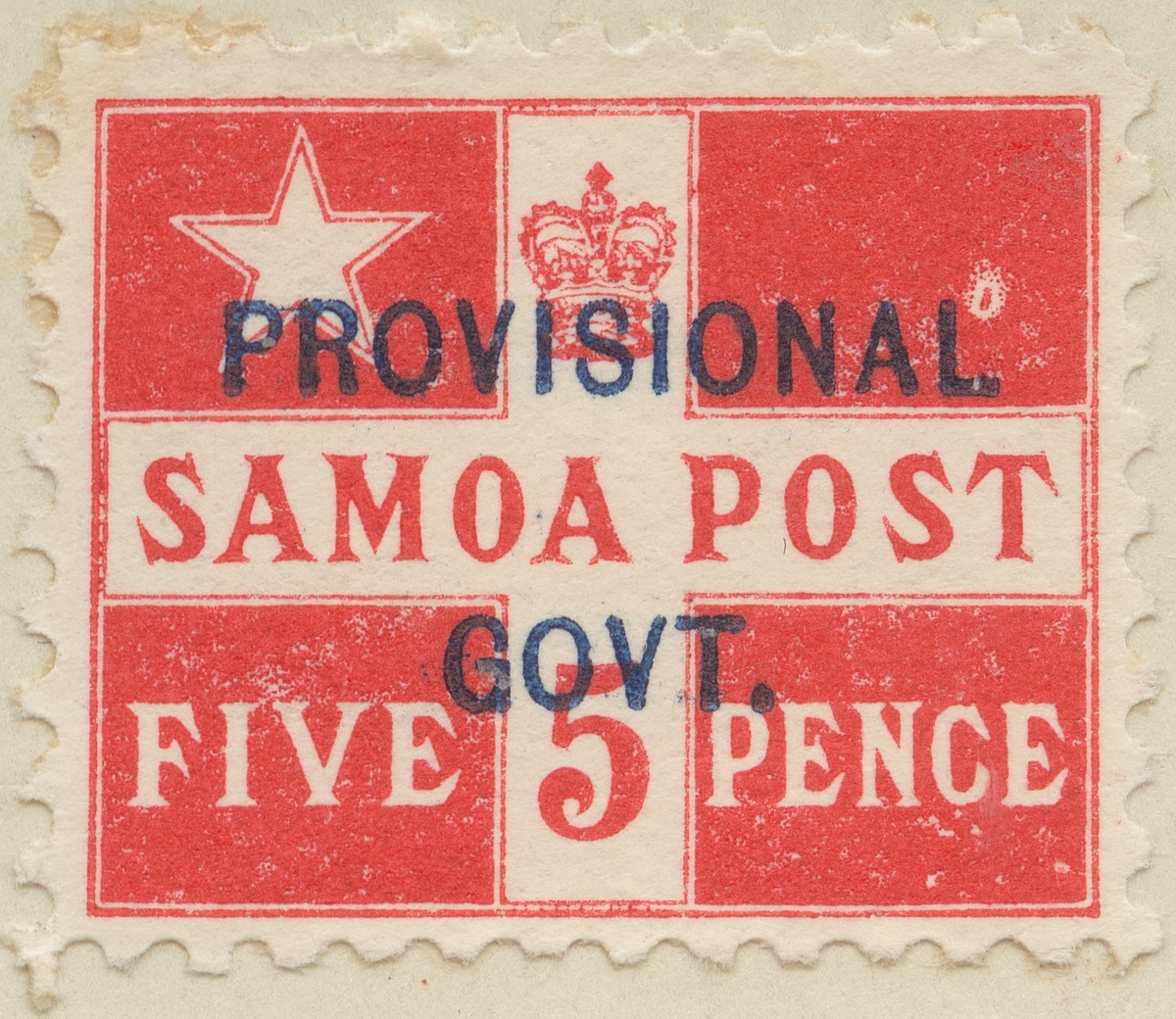 Frimärke ur Gösta Bodmans filatelistiska motivsamling, påbörjad 1950.
Frimärke från Samoa, 1899. Motiv av Kungariket Samoa:s flagga. Frimärke av 1894 med blått överstämpel: "Provisional government".