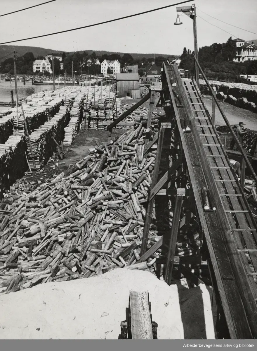 Oslos vinterforsyning av ved leveres på store flåter samlet i Frognerkilen. August 1945