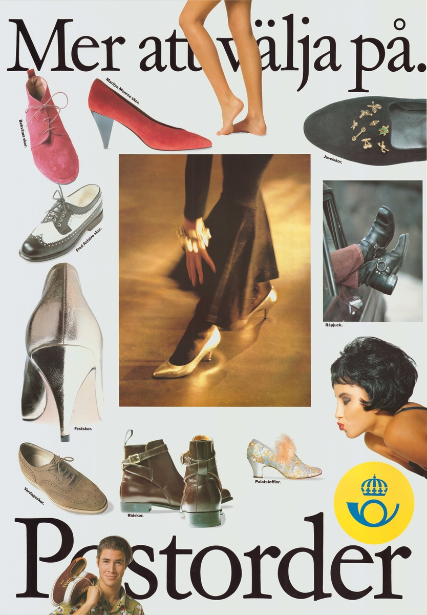 Affisch med collage av olika typer av skor. Postsymbol.