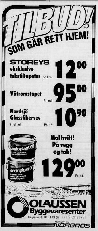 Annonse for Olaussen Byggevaresenter fra 1986. Romerikes Blad, 13.11.1986. Nasjonalbiblioteket.