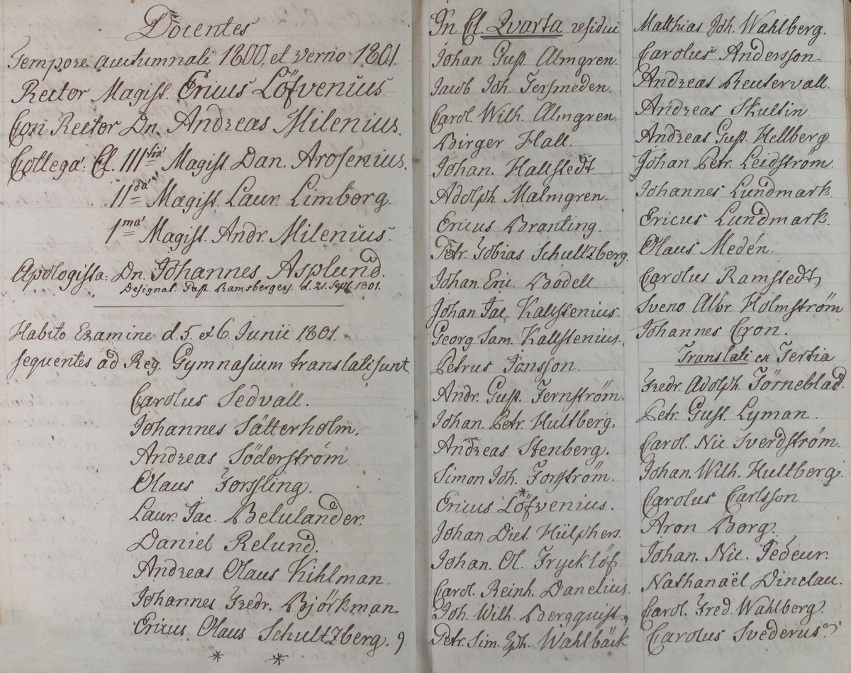 Rudbeckianska skolan i Västerås elevlängd 1800-1810.
