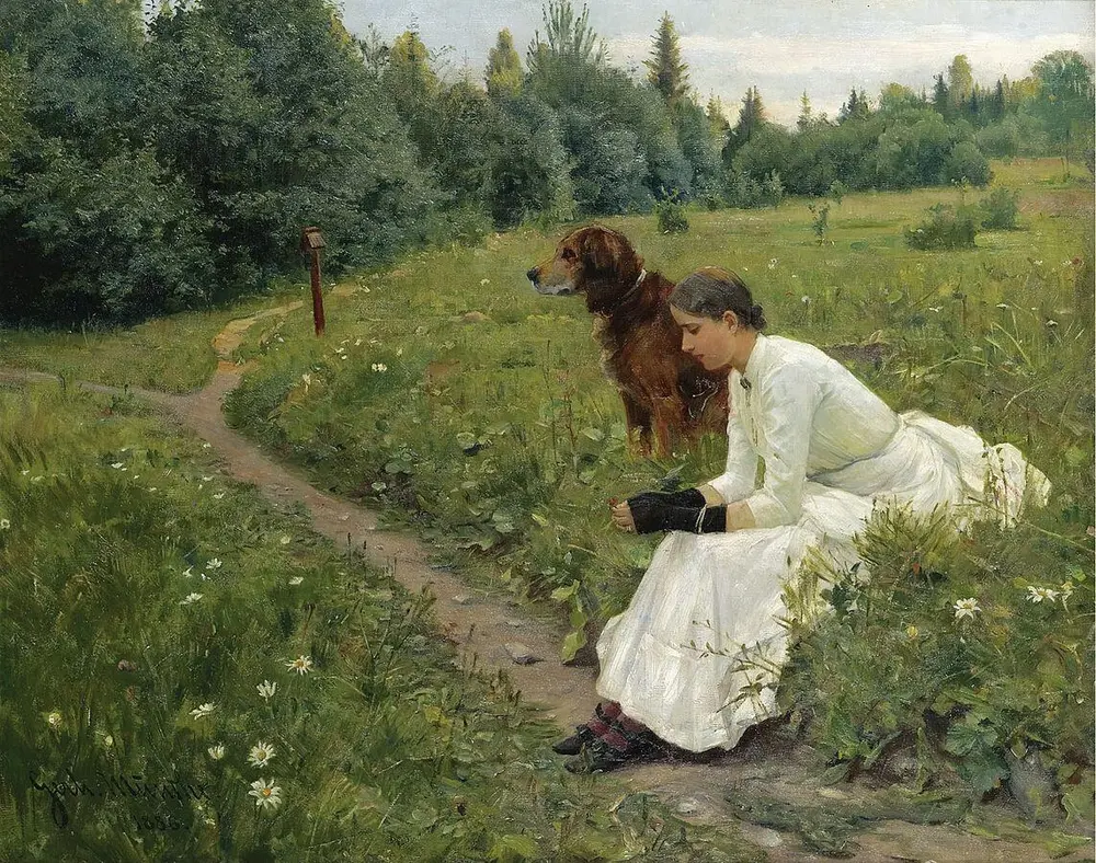 Sigrun Sandberg malt i 1886 av sin kommende ektemann, Gerhard Munthe. Sigrun sitter langs en sti på en eng sammen med en hund.