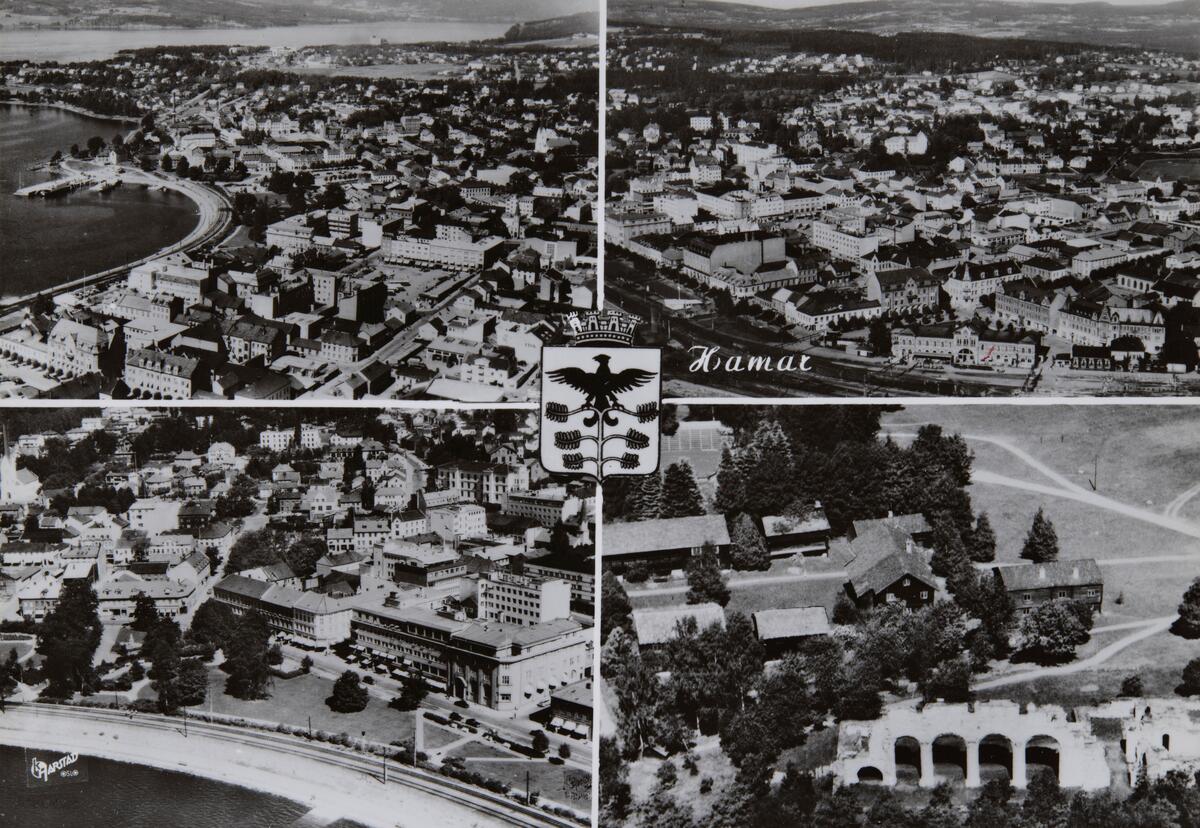 Postkort, Hamar sentrum, 4-delt kort med flyfoto over byen, byvåpen,