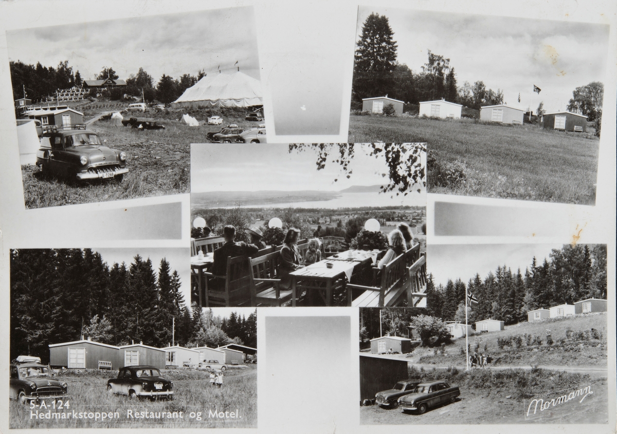 Postkort, Hamar, 5-delt kort, Hedmarktoppen Motell og restaurant, Filadelfiamenigheten på Hamar, Pinsevennene avholdt sine sommerstevner her etter at de kjøpte området i 1954, de bygde 35 campinghytter,