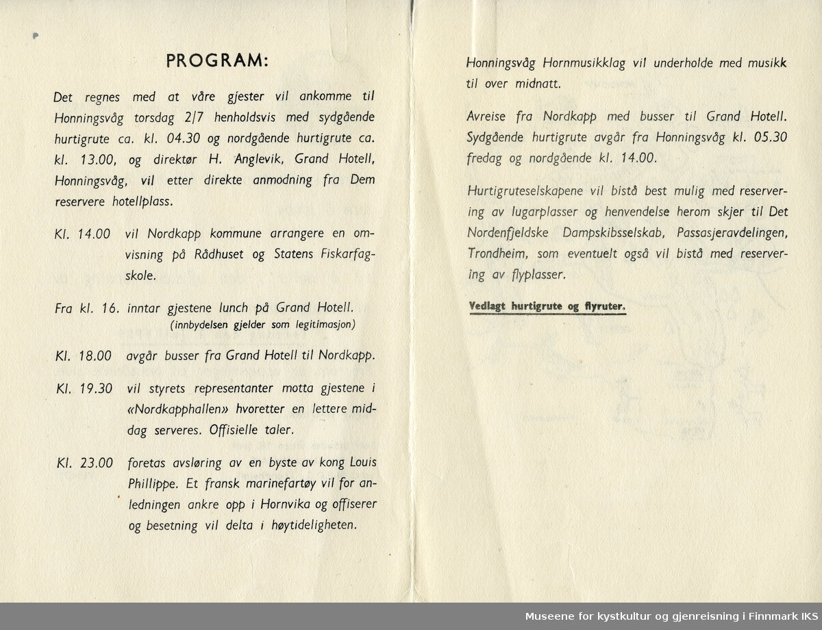 Invitasjon til åpningen av den første Nordkapphallen, med program og kart over deler av Finnmark. 02.07.1959.
