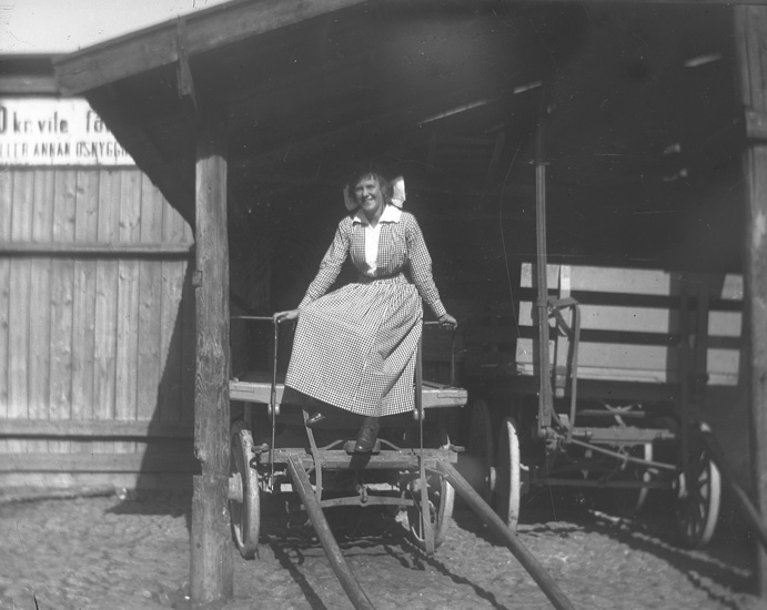 Person sittandes på en vagn.