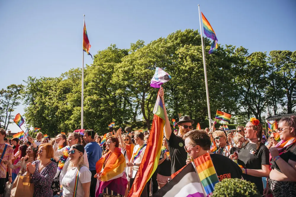 Mange mennesker går i PRIDE-parade. Vi ser PRIDE-flagg. Det er sommer og sol