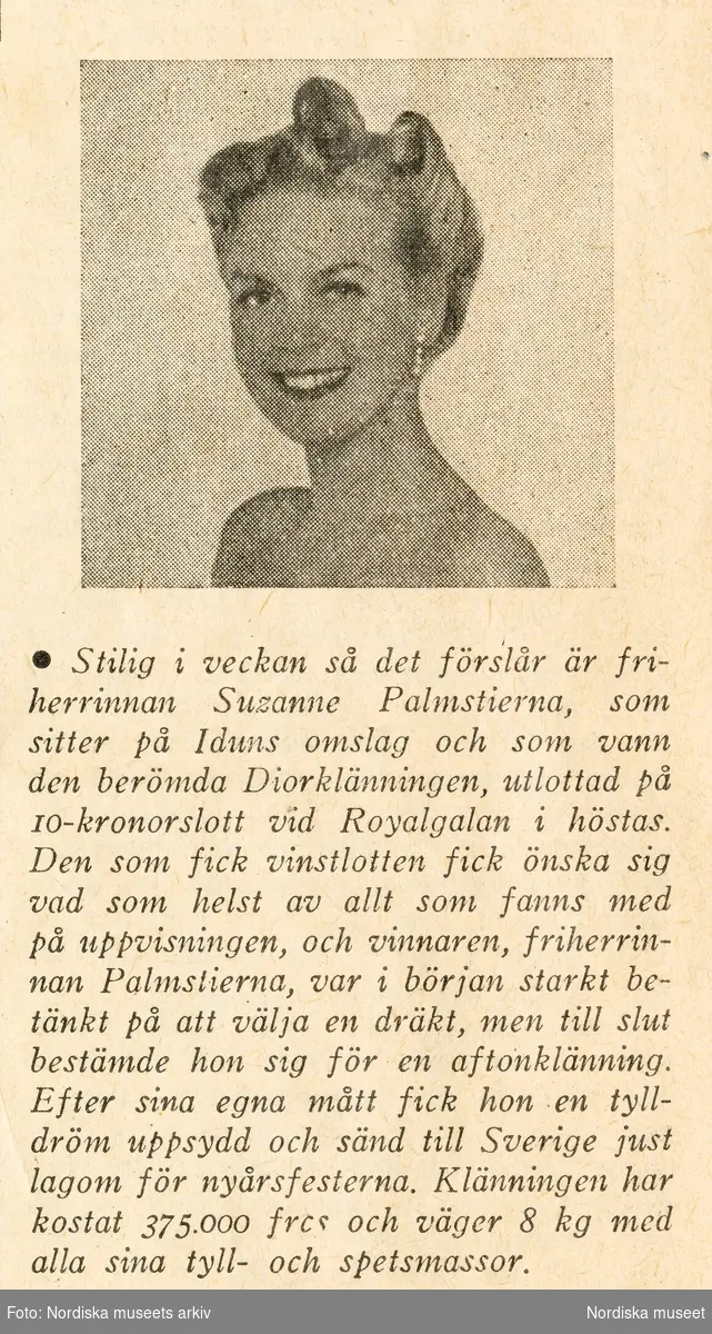Tidningen Idun 18 januari 1951, nummer 3. På framsidan ses friherinnan Susanne Palmstierna i den Diorklänning hon vann vid utlottning på Nordiska Kompaniet i december 1950.
