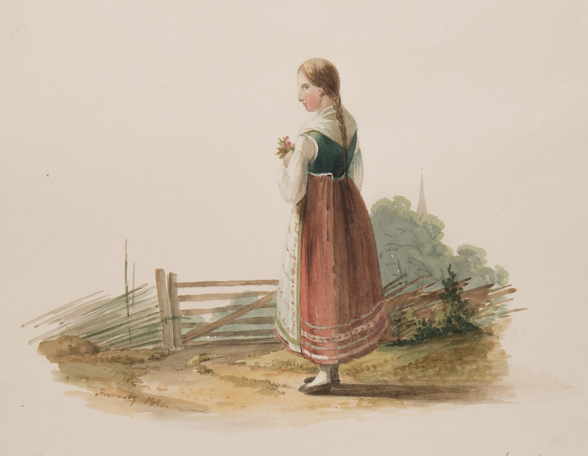Söndagsdräkt i Ronneby och trakten däromkring, Kvinna, Blekinge. Akvarell av J. M Stäck