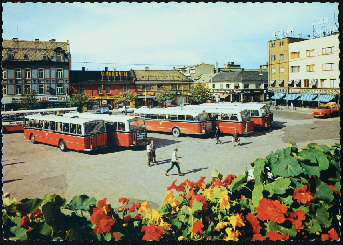 Postkort, Hamar, Østre Torg, rutebilstasjon, busser, Hamar og Omland Bilruter,