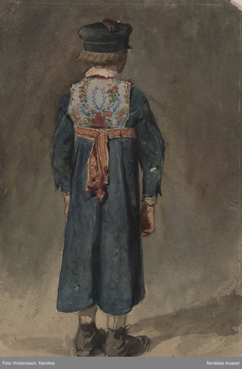 Pojk i Blåkolt, bakifrån. Akvarell av C.G. Hellqvist