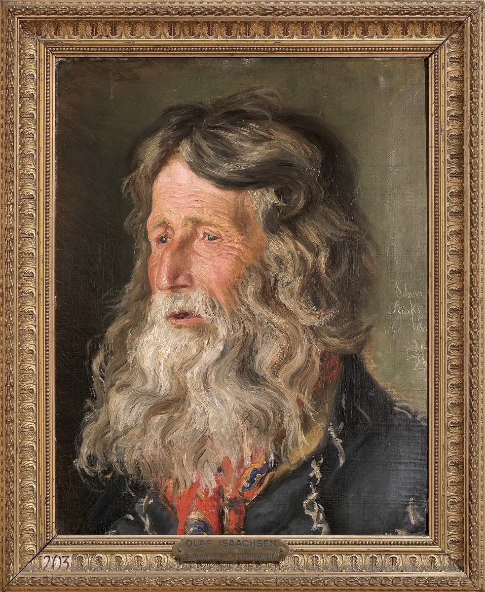 Gammel mann med langt hår og skjegg avskåret ved skuldrene.  Tekst t. h.: John Eskeland, 1858.